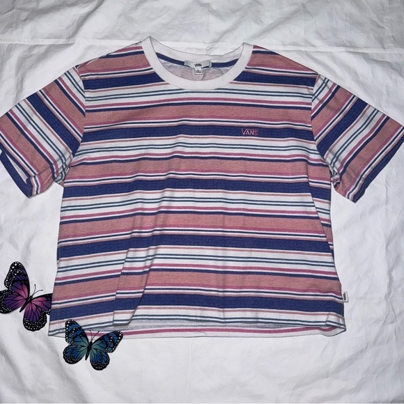 Vans T Shirt Wazzy Striped Cropped Tee Size Extra Large Pink Blue and White - Picture 8 of 9